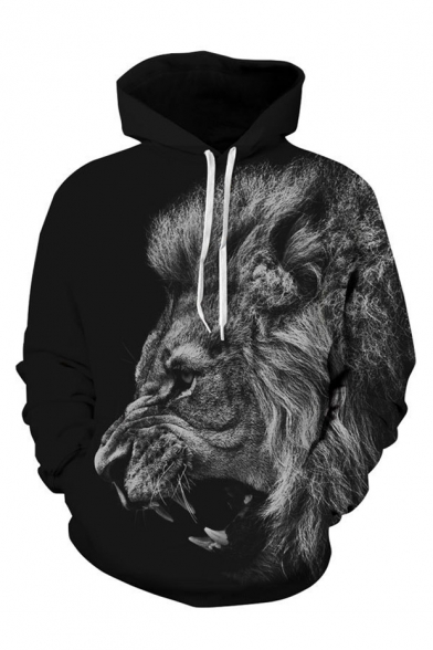 3D Animal Lion Pattern Long Sleeve Cool Black Unisex Hoodie