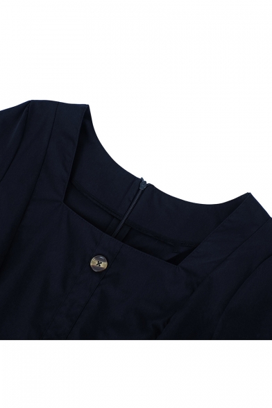Black Lantern Long Sleeve Square Neck Plain Button Cuff Front Mini Sheath Dress