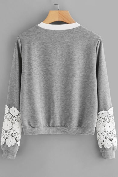 Bow-Tied Round Neck Lace-Paneled Long Sleeve Loose Fitted Gray Pullover Sweatshirt