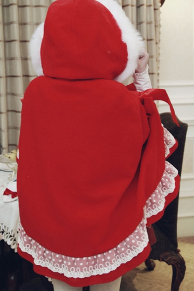 Christmas Oversize Long Sleeve Single Breasted Bow Embellished Plain Hooded Cape Woolen Coat