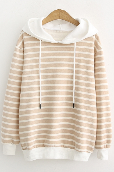 Classic Striped Printed Long Sleeve Basic Loose Fitted Hoodie for Juniors