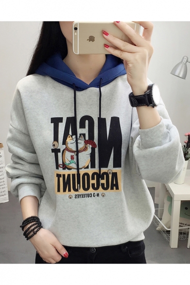 

Colorblock Long Sleeve Letter Cartoon Cat Printed Leisure Gray Hoodie