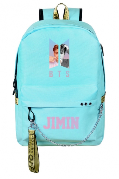 Cool Light Blue Character Print Chain Detail Zippered Backpack Bag for Students