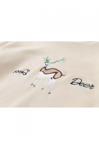 Crewneck Long Sleeve Cartoon Letter Deer Embroidered Pullover Warm-Up Sweatshirt