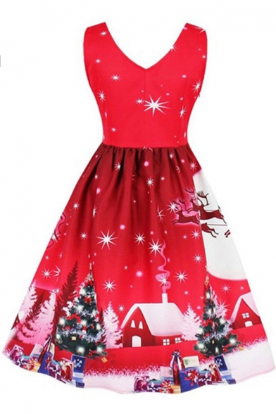Fancy Sleeveless V Neck Christmas Tree Printed Midi A-Line Dress