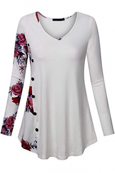 Fashion Floral Plaid Patchwork V-Neck Long Sleeve Button-Embellished T-Shirt