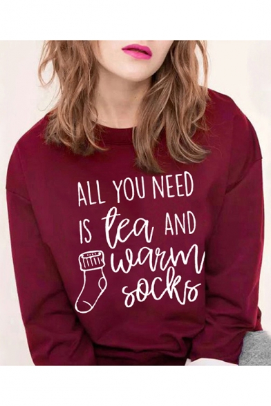 Fashion Letter ALL YOU NEED IS TEA AND WARM SOCKS Print Crewneck Long Sleeve Burgundy Sweatshirt