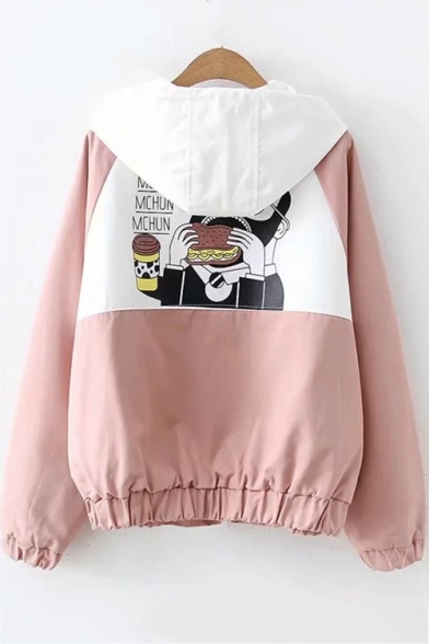 Funny Cartoon Printed Colorblock Long Sleeve Zip Closure Hooded COat with Pockets