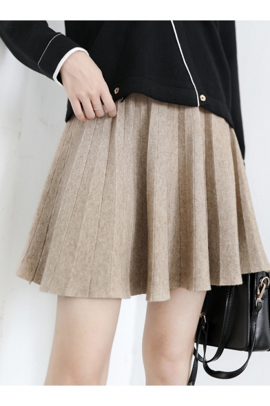 High-Waist Basic Solid Fashion Knitted Mini A-Line Pleated Skirt for Girls