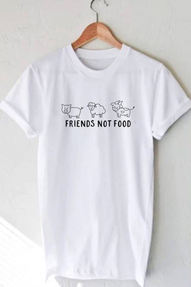 Hot Fashion White Cartoon Graphic Round Neck Short Sleeves Casual Tee
