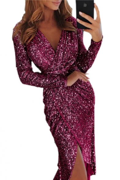 Ladies' Trendy V-Neck Long Sleeve Sequined Detail Midi Sheath Wrap Dress for Party
