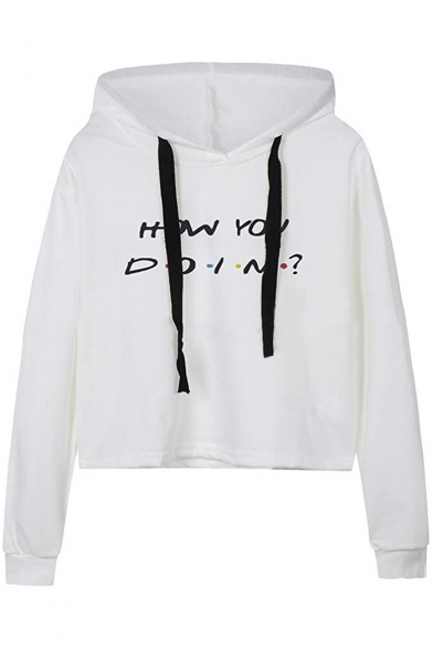 Letter HOW YOU DOIN Polka Dot Printed Long Sleeve White Cropped Hoodie