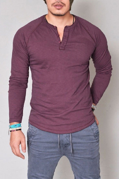 Long Sleeve Round Neck Button Embellished Plain Fitted T-Shirt