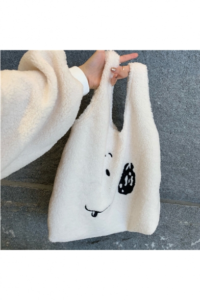 Lovely Cartoon Smile Face Embroidered Large Capacity Fleece Handbag