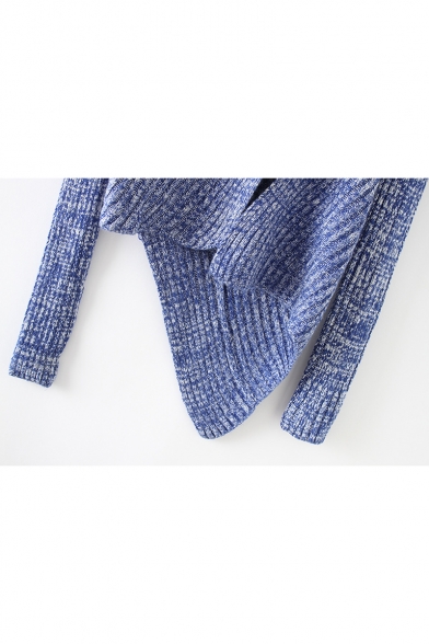 Mock Neck Long Sleeve Split Front Asymmetrical Hem Blue Slim Fitted Sweater