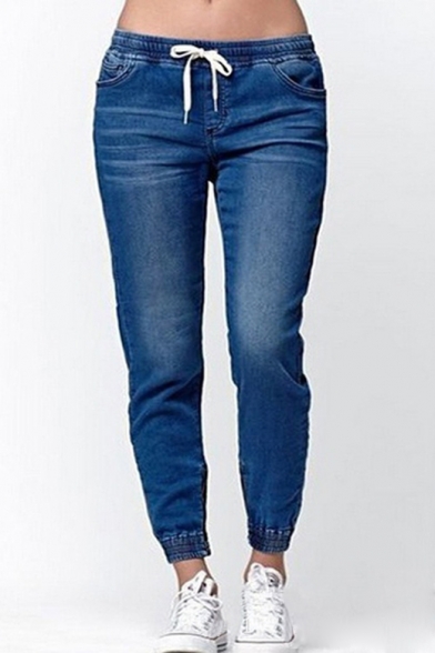 New Arrival Hot Fashion Drawstring Waist Elastic Cuffs Tapered Jeans