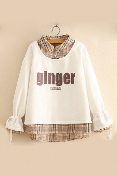 New Trendy Plaid Patched Lapel Collar Long Sleeve Letter GINGER Print Sweatshirt