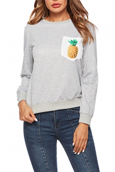 Popular Long Sleeve Round Neck Pineapple Printed Pocket Patched Gray Sweatshirt