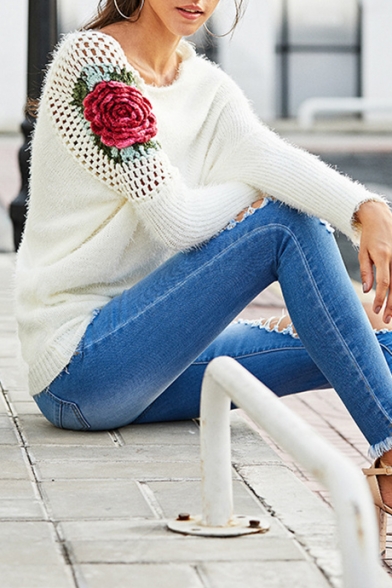 Sexy Long Sleeve V Neck Floral Embroidered Hollow Out White Knit Sweater