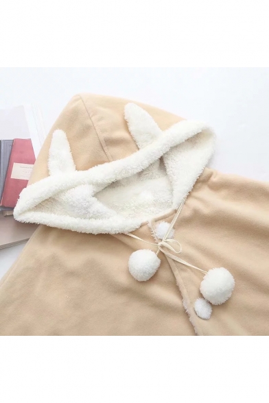 Single Breasted Long Sleeve Pom Pom Embellished Pattern Patch Pockets Hooded Cape Coat