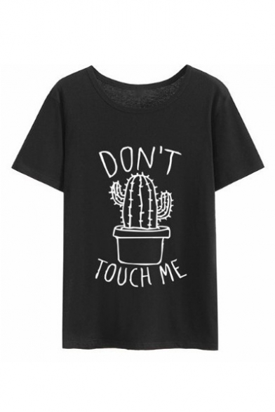 Stylish Letter DON'T TOUCH ME Cactus Pattern Crewneck Short Sleeve Casual T-Shirt