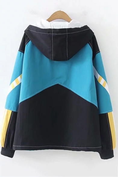 Stylish Long Sleeve Colorblock Zip Front Hooded Coat