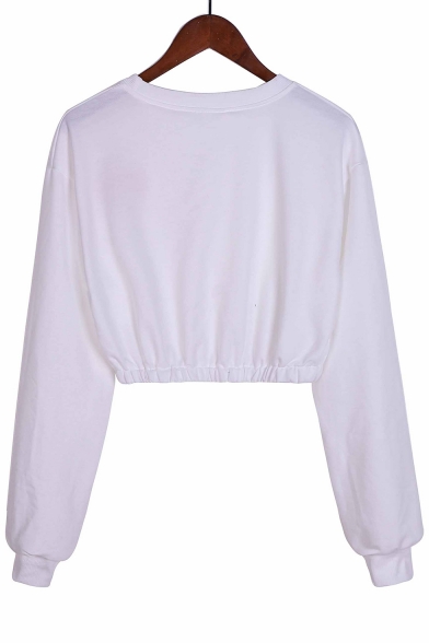 Stylish Long Sleeve Round Neck Letter MELROSE Printed Cropped Sweatshirt