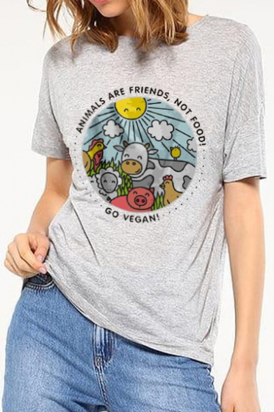 Summer's New Arrival Short Sleeve Round Neck Letter Cartoon Animal Printed Tee