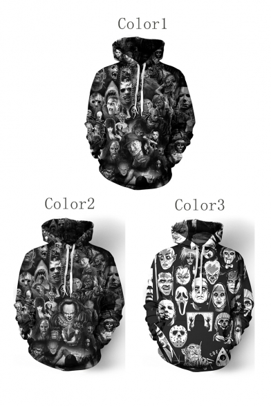 Trendy 3D Skull Character Pattern Long Sleeve Black Casual Hoodie