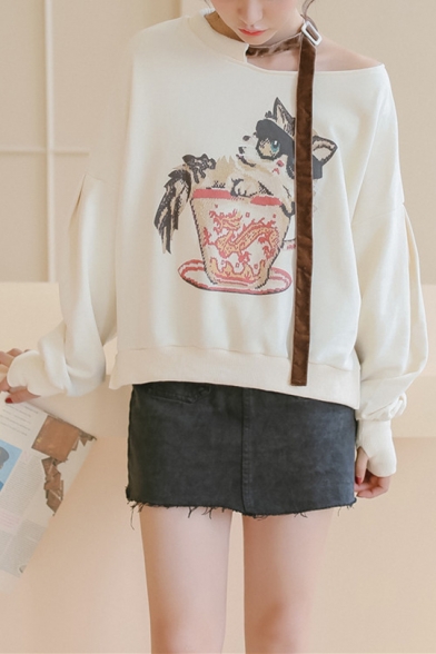 Unique One Shoulder Ribbon Embellished Long Sleeve Cute Cartoon Cup Cat Print Sweatshirt