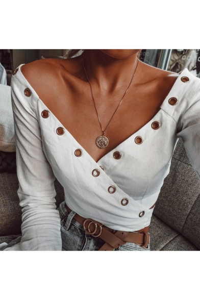 Unique White Perforated Eyelet Embellished V-Neck Long Sleeve Bell Cuff Cropped Wrap T-Shirt
