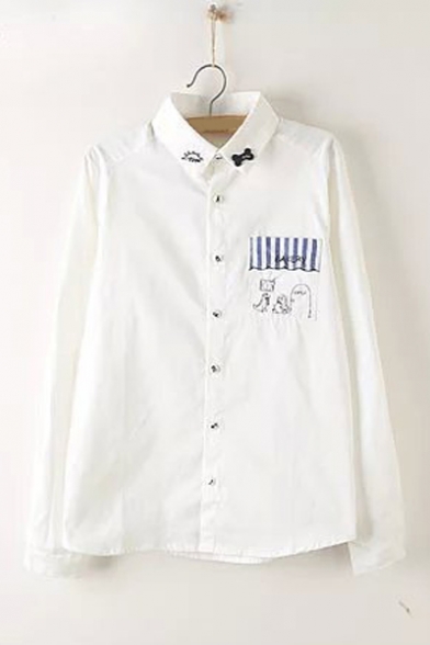 White Cartoon Cat Embroidered Pocket Patched Lapel Collar Long Sleeve Button Down Cotton Shirt