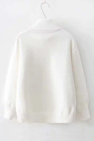 White Cartoon Milk Bottle Pattern Turtleneck Long Sleeve Pullover Sweater