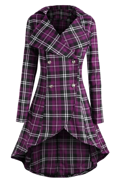Winter's Classic Check Pattern Notched Lapel Collar Long Sleeve Double Breasted Midi Asymmetric Dress