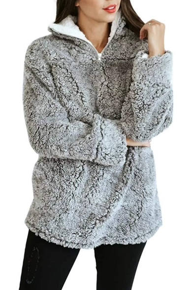 Winter's Long Sleeve Lapel Collar Zip Front Warm Fleece Sweatshirt