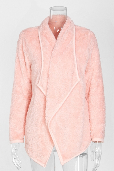 Winter's Warm Fleece Lapel Collar Long Sleeve Open Front Solid Coat