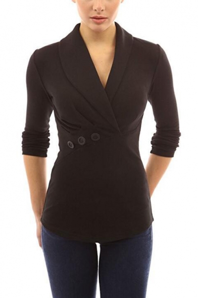 Women's New Arrival Fashion Lapel V-Neck Long Sleeve Button Embellished Slim Fitted T-Shirt