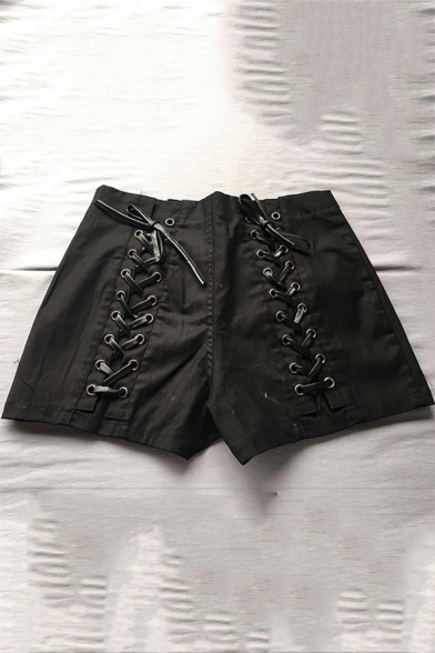 Black Plain Lace-Up Back Zip Fly High Waist Hotpants