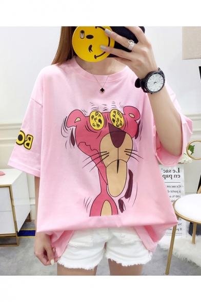 Cartoon Pink Panther Printed Round Neck Short Sleeve Oversized T-Shirt