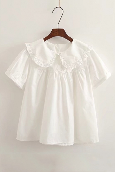 Chic Ruffle Hem Peter-Pan Collar Short Sleeve & Long Sleeve Loose Fitted Blouse