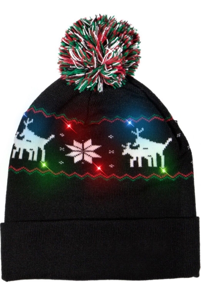 Christmas Series Deer Printed Pom Pom Embellished LED Black Hat