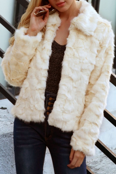 Cool Warm Plush Long Sleeve Lapel Collar Zip Closure Faux Fur Beige Coat