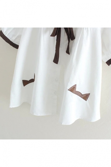 Fashion Color Block Bow-Tied Peter-Pan Collar Short Sleeve Letter Embroidered White Shirt