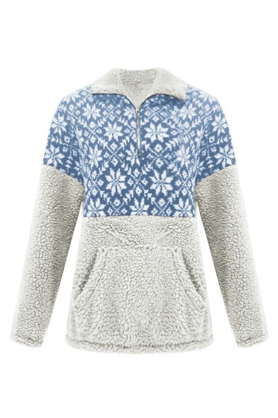 Fashion Snowflake Colorblock Stand Collar Half-Zip Long Sleeve Fleece Sweatshirt