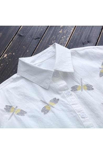 Fresh Casual Long Sleeve Lapel Collar Dragonflies Embroidered Button Down Tunics White Shirt