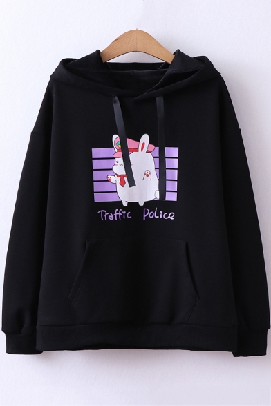 Funny Cartoon Rabbit Letter TRAFFIC POLICE Printed Long Sleeve Thick Hoodie