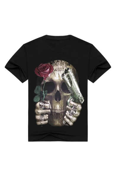 Hip Hop Style Black Short Sleeve Round Neck Floral Skull Letter Printed Straight T-Shirt for Men