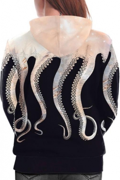 Long Sleeve Octopus Printed Black Unisex Oversize Hoodie