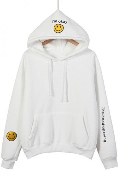 Junior's Fashion Long Sleeve Smile Face Letter Embroidered Loose Thick Hoodie