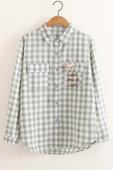 Letter WHAT MAKES ME HAPPY Rabbit Embroidered Pocket Plaid Print Long Sleeve Shirt